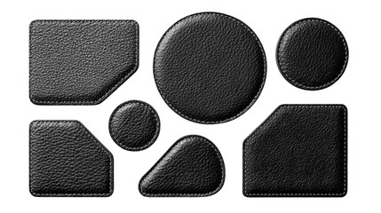 Seven black leather patches isolated on transparent background