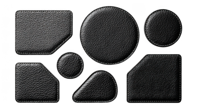 Seven black leather patches isolated on transparent background