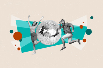 Trend abstract collage of people dancing on pastel teal color background with disco ball
