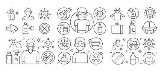 Fototapeta premium Comprehensive COVID-19 Safety and Prevention Illustrative Icons Set 