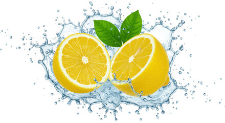 Two lemon halves in a splash of water isolated on transparent background