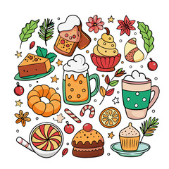 Christmas Recipe Doodles with Handwritten Food Icons and Ingredients"