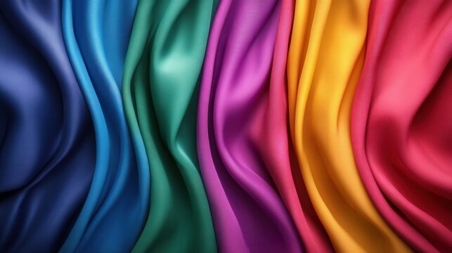 A beautiful arrangement of draped silk fabrics in a spectrum of vibrant colors, showcasing the luxurious textures and richness that fabrics can bring to artistic expressions.