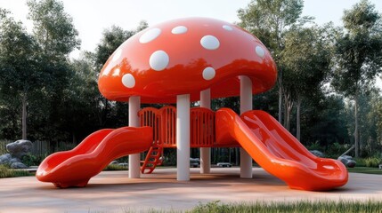 An enchanting playground designed to resemble a giant mushroom, featuring slides and climbing structures, perfect for sparking children's creativity and playfulness outdoors.