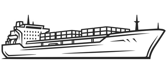  Icon of a large modern tanker or cargo ship with a large and heavy cargo, tanker icon line black color.