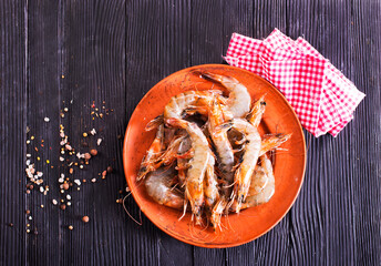 shrimps raw gambas seafood prawn healthy meal food snack on the table copy space food background rustic top view