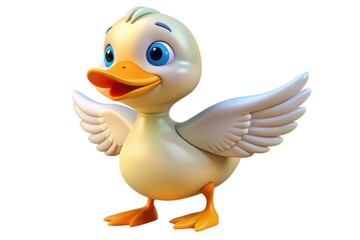 Cute cartoon duckling with blue eyes and orange beak standing on a white background alone posing