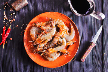 shrimps raw gambas seafood prawn healthy meal food snack on the table copy space food background rustic top view