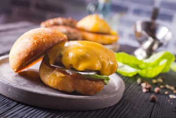 Close up cheese burger on wooden background.