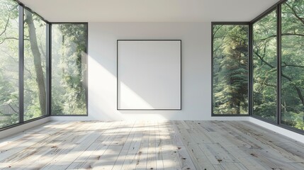 Fototapeta premium A clean, empty interior features a blank painting frame. Large panoramic windows offer a view of a lush, green forest. Daylight illuminates the room