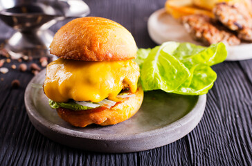 Close up cheese burger on wooden background.