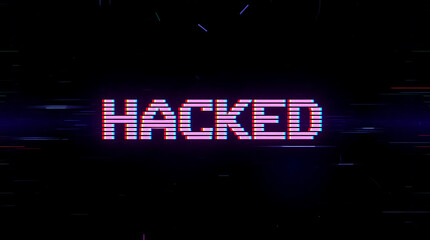 Glitch-style digital art with bold distorted {HACKED} text on laptop screen, cyber security breach concept
