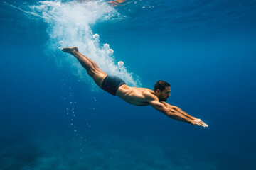 Fit man plunges streamlined beneath clear blue water, bubbles trailing as he begins exhilarating free-dive journey, generative AI