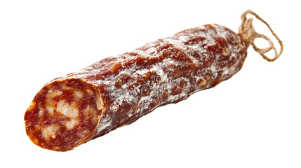 Delicious cured salami sausage on black background