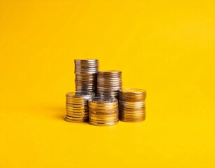 stack of coins in the middle with a solid yellow background