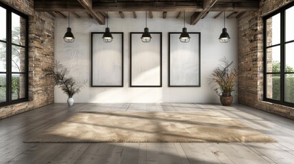 Obraz premium An empty and inviting industrial space filled with natural light, perfect for creativity and expression, with exposed brick walls and minimalist decor, showcasing versatility.