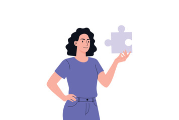 Woman Holding Puzzle Piece Finding Solution Vector Illustration.