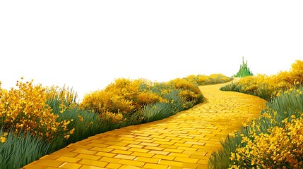 Enchanted yellow brick road leading to magical emerald city in springtime , fantasy, oz, magicians isolated on white background, space for captions, png. Enchanted. Illustration .