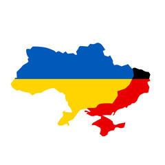 Vector map of Ukraine and territories occupied by Russia. State flag. Flat vector illustration.