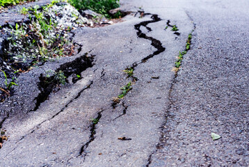 Cracked asphalt road surface with visible vegetation and stones, showcasing the impact of weathering and erosion on urban infrastructure and natural elements