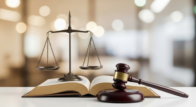 Palu Hakim, Timbangan Keadilan, dan Buku Hukum Terbuka di Atas Meja untuk Konsep Legal