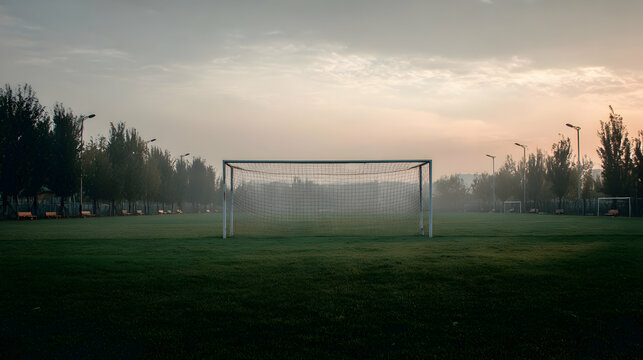 Early morning tranquility captured on a soccer field with goals shrouded in gentle mist and diffused light - Powered by Adobe