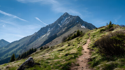 Picturesque mountain peak surrounded by lush greenery under a clear blue sky on a sunny day