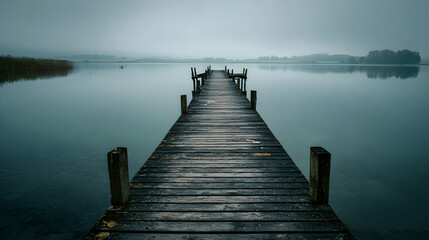 Fototapeta premium Misty morning solitude wooden pier stretches into the calm lake water with serene landscape background