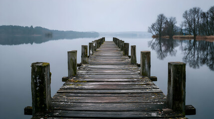Fototapeta premium An old wooden pier stretches out into a still lake on a foggy day reflecting serene nature scenes