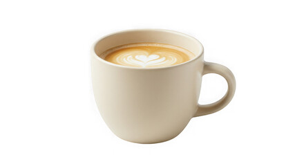 Fototapeta premium Creamy latte in beige mug with heart design isolated on transparent background