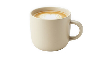 Beige ceramic mug of latte art coffee isolated on transparent background