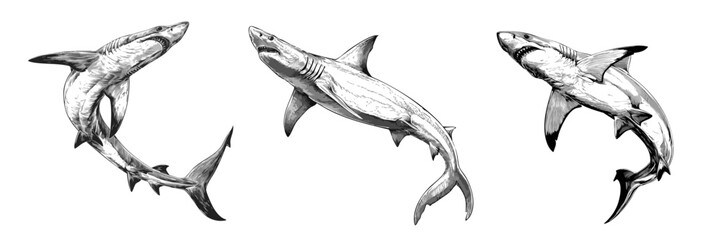 Obraz premium Shark vector sketch illustration in white with great fin detail and vintage tattoo style. Sea art and anatomy line drawing of retro fish animal in engraved black ink.