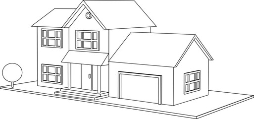 3D suburban house model. Drawing of the modern building. Cottage project on white background. Vector illustration.