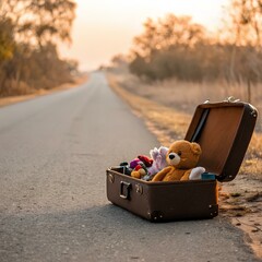 Large brown teddy bear and various soft toys inside an open suitcase on a deserted country road during golden hour, reflecting nostalgia and childhood memories
