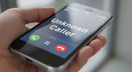 Hand holding phone with unknown caller on screen