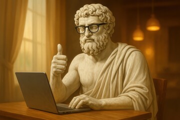 A marble statue of a curly-haired, bearded philosopher in black glasses and toga sits at a modern wooden desk with a laptop