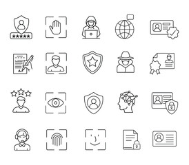 Digital Identity line art icon set on white background. Authentication, biometric, fingerprint, face recognition, cybersecurity, privacy, verification, ID card, access, user security 