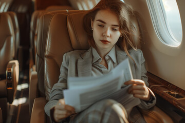 Work on an airplane, a beautiful woman a businessman works on documents, on a business trip. Business. Business trip