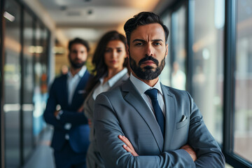 Group of businessmen men and women in office building
