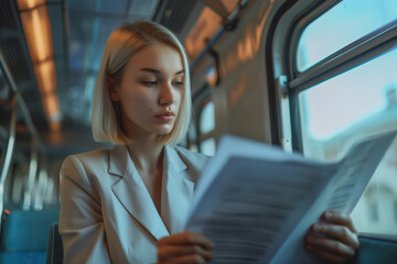A woman works with working documents on the way to work in an bus. Work trip