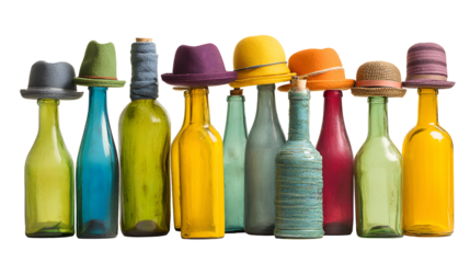 Colorful Bottles Adorned with Miniature Hats A Quirky Still Life