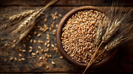 Golden Wheat Grains in Bowl on Wooden Table, Top View Perfect for Adobe Stock Contributor .