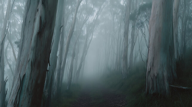 Ethereal forest path shrouded in mist
