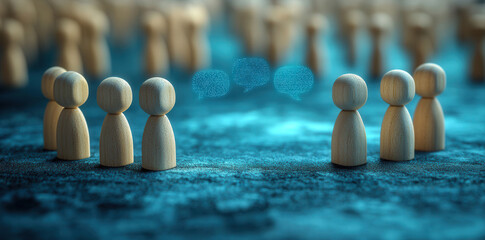 A group of small wooden figures in conversation