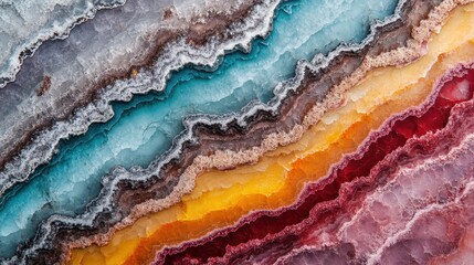 Fototapeta premium This image showcases a stunning agate slice displaying vibrant layers of colors like blue, yellow, and red, highlighting the beauty of natural stone formations.