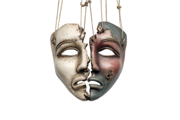 Broken Dual Face Mask Hanging, Art, Theater, Emotion, Distress