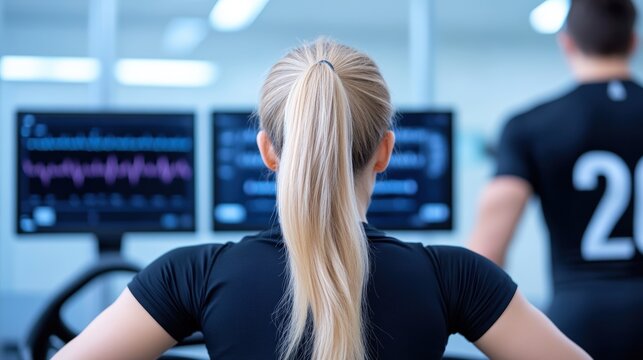 A woman with a ponytail monitors heart rate data on screens, likely in a gym or fitness setting, with a man in the background also engaged in exercise.