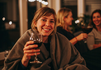 young woman enjoying a glass of red wine while wrapped in a cozy blanket, socializing with friends in a warm, inviting indoor setting