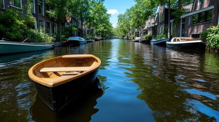 Obraz premium An inviting view of a tranquil canal lined with boats and lush greenery, showcasing the harmonious blend of urban living and nature in a serene water setting.