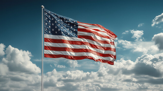 American Flag in the Wind: A majestic display of the Stars and Stripes waves proudly against a vibrant sky, embodying the spirit of freedom and patriotism. - Powered by Adobe